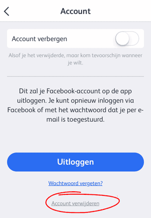 Verwijderpagina in de app