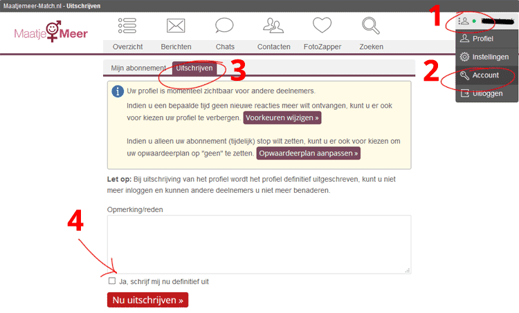 Maatjemeer-Match account verwijderen