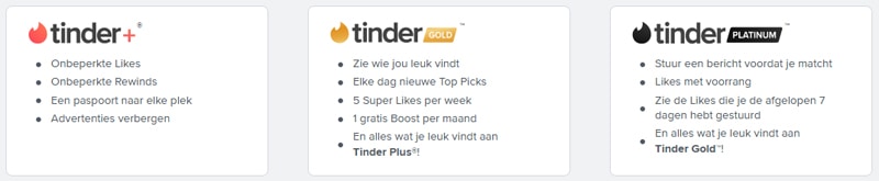 Extra functies van de betaalde Tinder abonnementen.